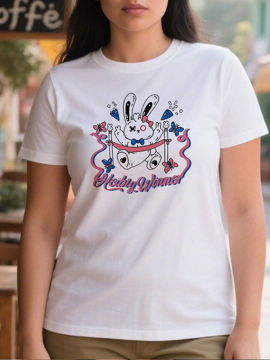 Camiseta casual para mujeres de 220g de algodón puro gruesa y cómoda con diseño de conejo cartoon cute con mariposas y texto Heibig - Blanco - Ver 1