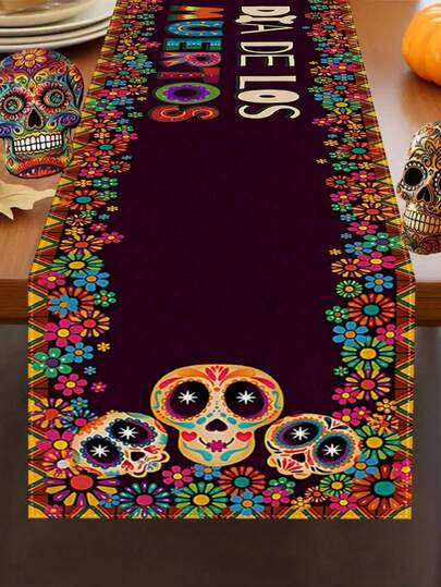 1 pièce Chemin de table en lin style mexicain crâne, 33 x 183 cm, nappe de table pour fête mexicaine, carnaval, Jour des Morts, Halloween, décoration de table pour salle à manger et maison, fournitures de décoration de fête