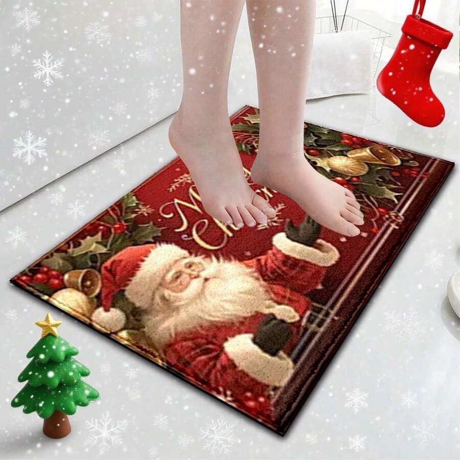 1pc Comfortable Christmas, Santa Claus Printed Faux Wool Bathroom Mat, Kitchen Mat, Doormat - Super Soft Microfiber, Suitable For Kitchen, Bathroom, Decorative Doormat - Multicolor - View 1