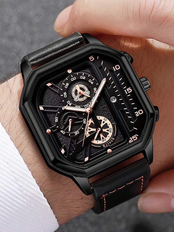 1PC|Men Fashionable And Handsome Quartz Watch, Square Dial, PU Leather Strap, With Calendar. Suitable For Daily Wear, Wear It At Work. A Gift For Boyfriend. (This Box Is Just A Display)