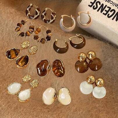 2pcs Vintage Brown Resin White Tiger Eye Stone Stud Earrings, Fashionable Earrings For Women, Personalized Dyed Jewelry