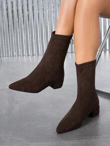 Bottes de mode pour femmes automne/hiver, nouvelles bottes cheville élégantes et polyvalentes à bout pointu, talon épais, sexy, couleur unie, couleur bordeaux - Marron - Voir 4