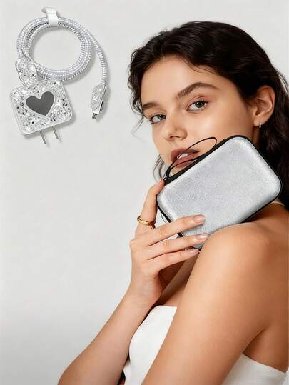 6pcs Flashing Heart-Shaped Cable Protector Set, Compatible With IPhone 13/14 Data Cable, Earphone Cable, 20W Charger, Protector Cable Organizer Electronic Organizer Storage Bag Waterproof Portable For Travel For Tech For Women For Men