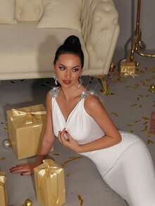 New Black Sexy Sleeveless Backless Heavy Industry Luxury Diamond Tight Long Bandage Dress Elegant Ladies Formal Dinner Party Dress - White - View 8