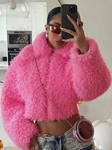 Fashionable Solid Color Faux Fur Cropped Jacket, Winter