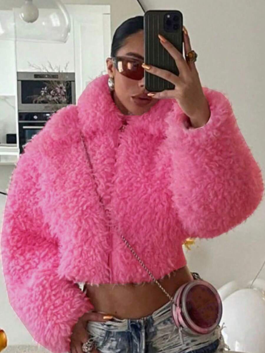 Fashionable Solid Color Faux Fur Cropped Jacket, Winter