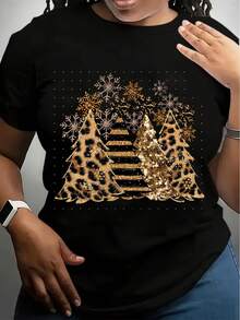 Christmas Leopard Print Trees T-Shirt For Women  Festive Holiday Graphic Tee With Gold Glitter Design  Casual Xmas Party Wear  Plus Size Available  Comfortable Cotton Blend Material - màu đen - Xem 1