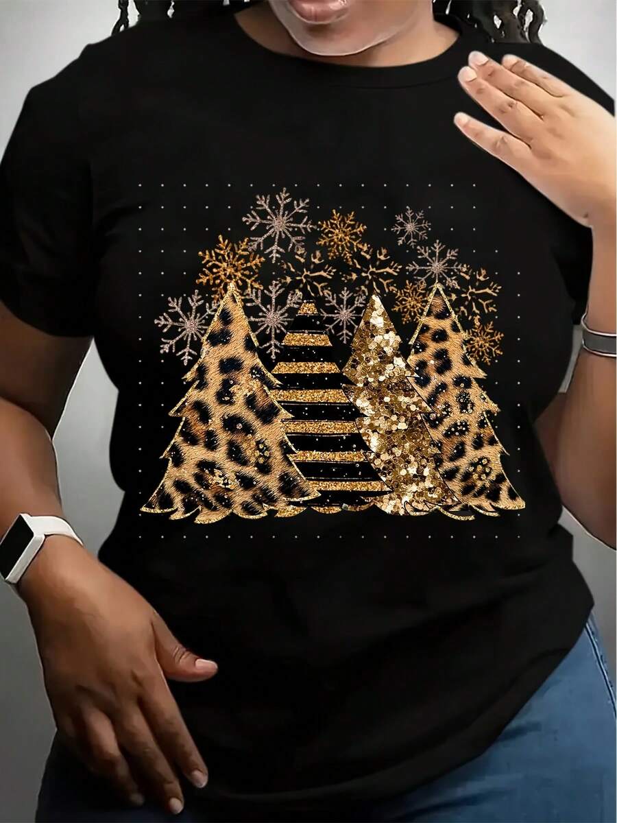 Christmas Leopard Print Trees T-Shirt For Women  Festive Holiday Graphic Tee With Gold Glitter Design  Casual Xmas Party Wear  Plus Size Available  Comfortable Cotton Blend Material - màu đen - Xem 1