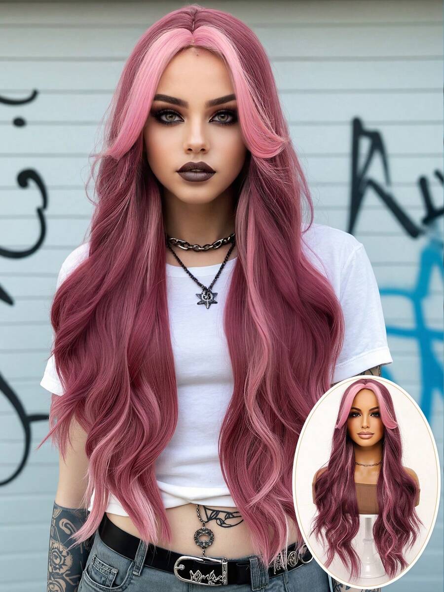 clouder Red Highlight Pink Extra Long Curly Wig 30 Inch Cosplay Wig Halloween Christmas Wig Elegant Soft Matte Hair Loose Curls Casual Outing Street Punk Wig Rock Wig Fluffy Natural Cool Girl Synthetic Heat-Resistant Fiber Wig Suitable For Women Daily Party Wig Music Festival Wig Avant-Garde College Style Wig Modern Fashion Gothic Wig - 挑染粉色 - 查看 1