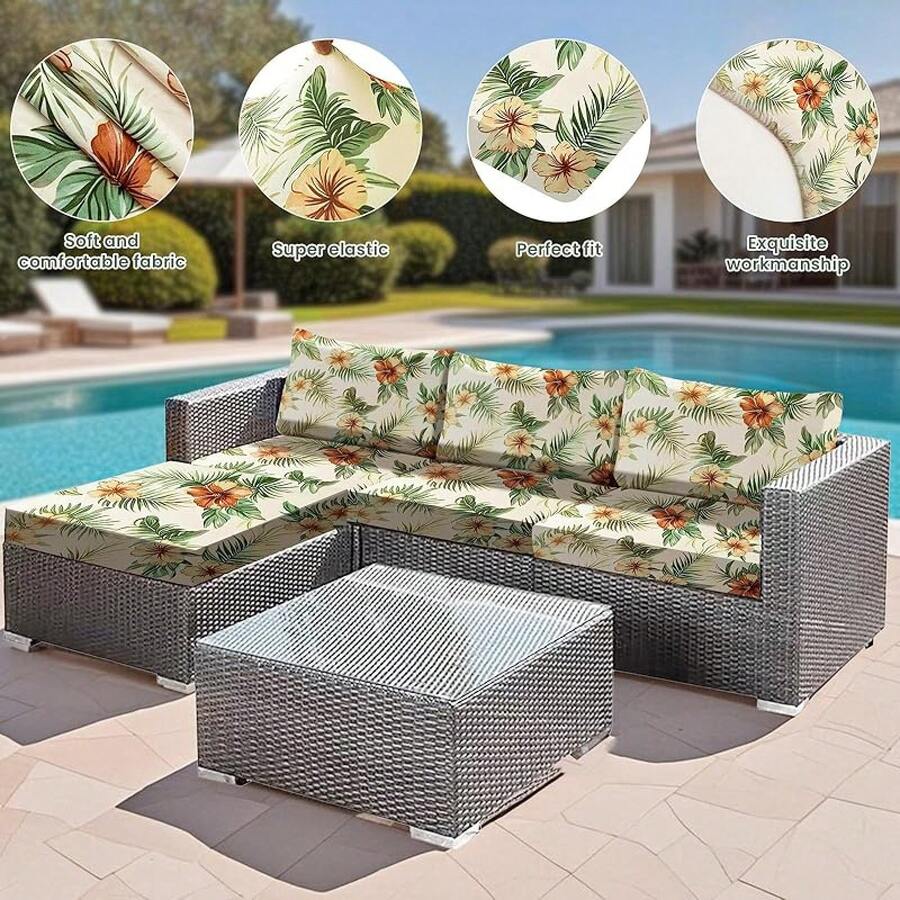 HANDONTIME 8Pcs Patio Cushion Covers Stretch Outdoor Couch Cover Cushions Outdoor Furniture Waterproof Patio Furniture Cover Pets Sofa Covers Washable (Khaki,Cover Only) - C:花葉 - 查看 1