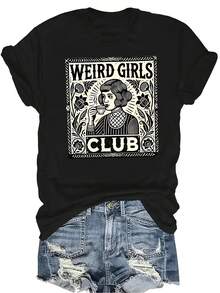 [Camiseta de Moda Casual] Camiseta de mujer suave y cómoda - Weird Girls Club, Floral, Chica bebiendo, Manga corta, Cuello redondo, Top casual, Regalo perfecto para la abuela y la mamá, Uso casual de primavera y verano - Negro - Ver 1