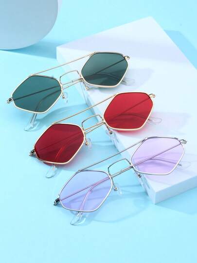 1 pieza Gafas de moda para niños con marco metálico de puente doble y diseño poligonal de alta calidad, adecuadas para adolescentes, para fiestas, viajes al aire libre, vacaciones en la playa, accesorios de fotografía y uso diario