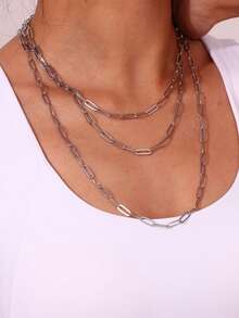 1pc Stainless Steel Waterproof & Fade-Resistant Figaro Chain Necklace, Suitable For Men And Women Daily Wear - Paper Clip Chain - View 2