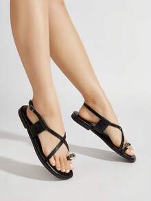 Commuter Daily Casual Black Square Toe Metal Buckle Decor Flat Roman Sandals - Black - View 11