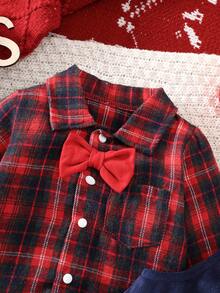 男童格子长袖衬衫和背带裤两件套，秋冬 - 紅色 - 查看 3