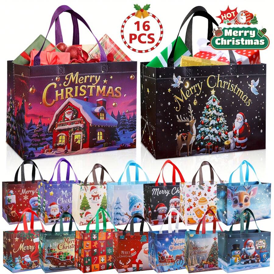 16/8pcs Set Large Christmas Gift Bags With Handles - Extra Large Party Gift Bags (12.8 X 9.84 X 6.99 Inches) - Printed With Santa Claus, Snowman And Christmas Tree Patterns, Reusable - Made Of Durable PP Material, Suitable For Holiday Shopping, Christmas Parties And Gift Giving - Perfect For Birthdays And Various Events, Cheerful Patterns, Sturdy And Durable, With Festive Decoration Effect - Multicolor - View 1