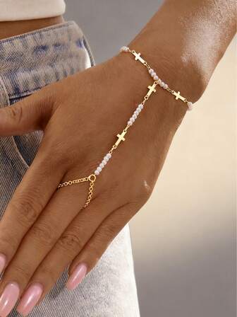 1pc Fashionable Versatile Minimalist Pearl & Cross Decor Elegant Women Finger Ring Bracelet, Suitable For Any Occasion - Beach, Party, Daily Commute, All Seasons. [Pearl Quantity Varies]