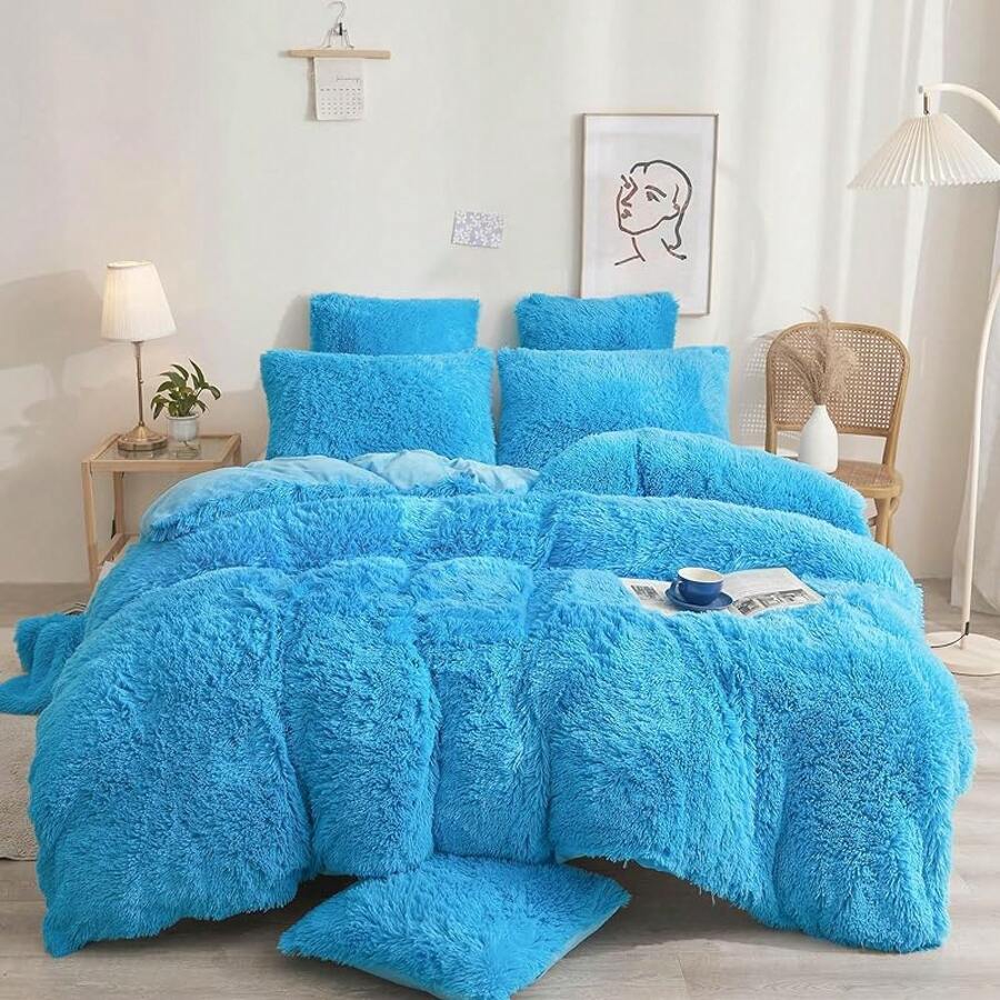 Plush Shaggy Duvet Cover Set, Ultra Soft Fluffy Bedding Sets 3 Pieces (1 Fuzzy Comforter Cover + 2 Pillow Cases), Zipper Close (, Pink), Luxury Bedding - 藍色 - 查看 1