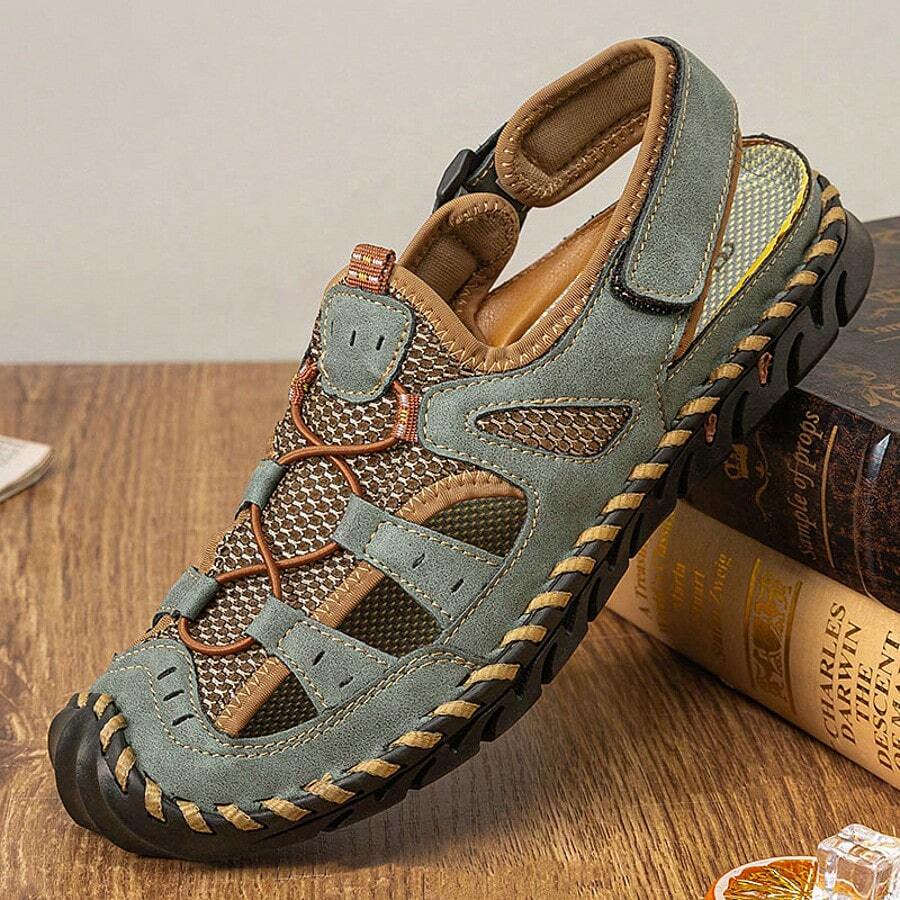Men's Close Toe Breathable Sandals, Comfy Non Slip Rubber Sole Casual Hook & Loop Fastener Beach Water Shoes, Men's Outdoor Footwear - 軍綠色 - 查看 1