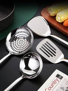 1 pièce Spatule de cuisine en acier inoxydable, ustensile de cuisine résistant à la chaleur pour la friture, le brassage, la louche à soupe - Argent - Voir 3