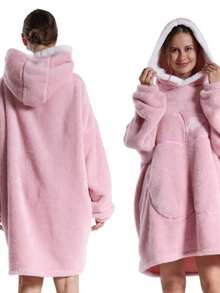 1pc Cozy Plush Fleece Hooded Blanket Sweatshirt - Reversible Oversized Unisex Adult Wearable Throw With Big Pocket, Light Gray, Hand Wash Only, Perfect Gift For Mom, Cute Sweater, Winter Warmth, Playful Fruit Design, Comfortable Fabric, Winter Comfort,Comfortable Flannel, A Must-Have For Halloween And Christmas, Nightgown, Warm And Cold-Proof