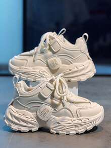 1 Pair Fashion Children's Sports Shoes, PU Leather Patchwork Waterproof Low-Top Thick Sole Non-Slip Running Shoes, Campus Style Boys & Girls Comfortable Casual Shoes, Students Shoes Suitable For All Seasons