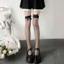 1 Pair Sexy Women's Pink Fishnet Thigh-High Stockings With Bowknot Decor, Soft Knit Fabric, Elastic Cuff For Cosplay, Christmas Parties, And Romantic Occasions