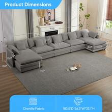 Puremind Modern 183.5'' U-Shaped Modular Sectional Sofa With 2 Ottomans,7-Seat Cloud Couch, Modern Chenille Sofa Sleeper Deep Seat Couches - 淺灰色 - 查看 2