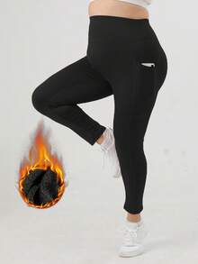 Winter 1pc Plus Size Ribbed Brushed Leggings For Yoga, Outer Wear, With 4 Pockets, Front Design For No Embarrassment, Double-Layer Waistband For Tummy Control, Autumn/Winter