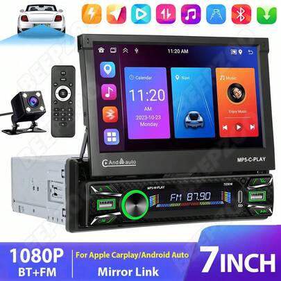7" Screen Flip Out Car Radio - Mirror Link For Apple Carplay Android Auto Car Stereo Single Din Head Unit Car Audio Bluetooth Car Radios Wireless GPS BT With Remoter