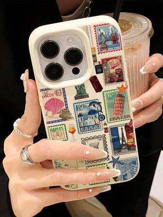 1 件时尚个性化邮票拼贴图案哑光白色液体边缘防指纹手机壳兼容 16 ProMax/16/16 Pro/16 Plus/11/15/15 Pro/15 ProMax/12/13/14 ProMax/XS/XR/11 Pro/11 ProMax/12 Pro/12 ProMax/13 Pro/13 ProMax/7 Plus/14 Pro/14 ProMax/14 Plus/7 Plus/8 Plus/8/SE2/12 Mini/13 Mini，软壳，防黄变