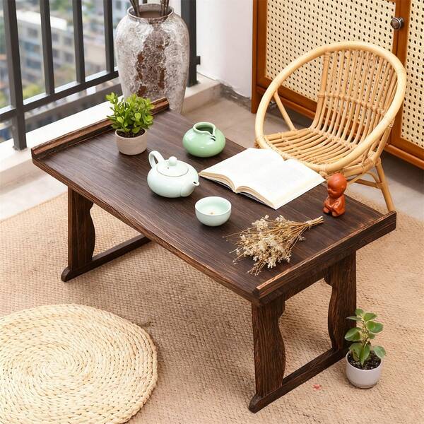 Minimalist Chinese Style Tea Table - Multi Purpose Burnt Wood Tea Desk For Zen Spaces