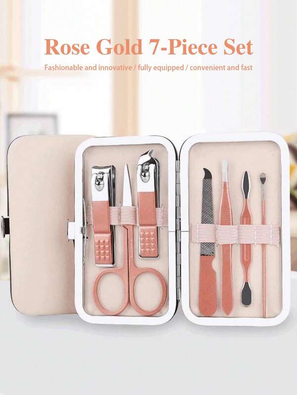 Set di 7 pezzi per la cura delle unghie in oro rosa, comprende: tronchesino per unghie, lima per unghie, forbicine per cuticole, pinzette, strumenti per la manicure