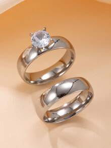 2 件/套 4 毫米简约锆石装饰不锈钢女士戒指