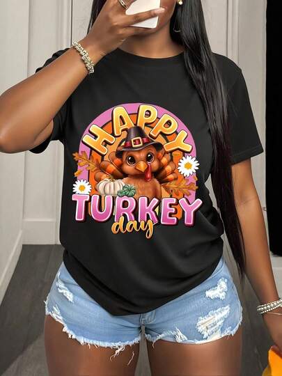 Happy Turkey Day, Turkey, Thanksgiving, Turkey Day, Funny Turkey, Funny Fall,Funny Thanksgiving,Funny Turkey Design,Casual Round Neck Plus Size Women's Pattern Top,Perfect For Birthdays, Halloween, Thanksgiving, Christmas, Family Gatherings, Beach Vacations, And Casual Outings (S-5XL)
