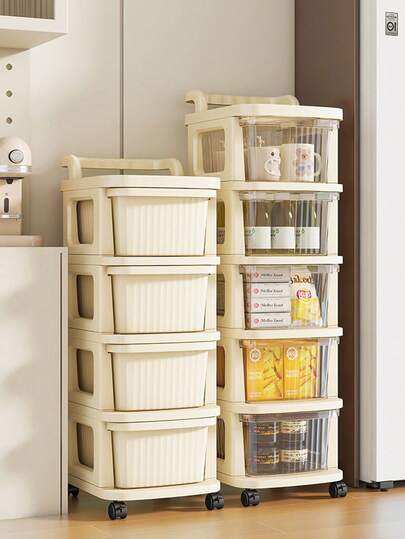 三层白色储物推车 | 耐用塑料材质 + 360° 旋转轮 | 小型推车搁架单元，家用零食储物柜，可移动轮式储物架，零食杂物储物柜 | 厨房/浴室/卧室多场景收纳，节省空间的篮子托盘整理器