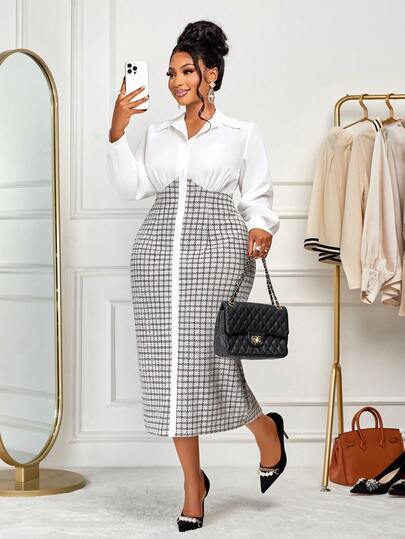 BIUBIU Women's Plus Size Elegant French Style Women's White Tie Shirt And Small Fragrance Style Patterned Long Camisole Skirt, Autumn/Winter Women's Clothing, Autumn/Winter/Spring/Summer Clothing/Casual Outdoor Clothing/Business Casual Women/Work Dresses