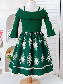 Kleine Mädchen Grünes Off-Shoulder Kleid, grünes Strickgewebe mit zarter weißer Blumen-Saum Dekoration und Schleifenakzent, vintage und verspielt, geeignet für Kinderfeste, Outdoor-Geburtstagsfeiern, Urlaub und Alltagstragen, Herbst/Winter