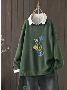 pull tricoté à col ras-du-cou à manches longues avec broderie florale, grande taille, décontracté pour l'automne/l'hiver - Vert sapin - Voir 1