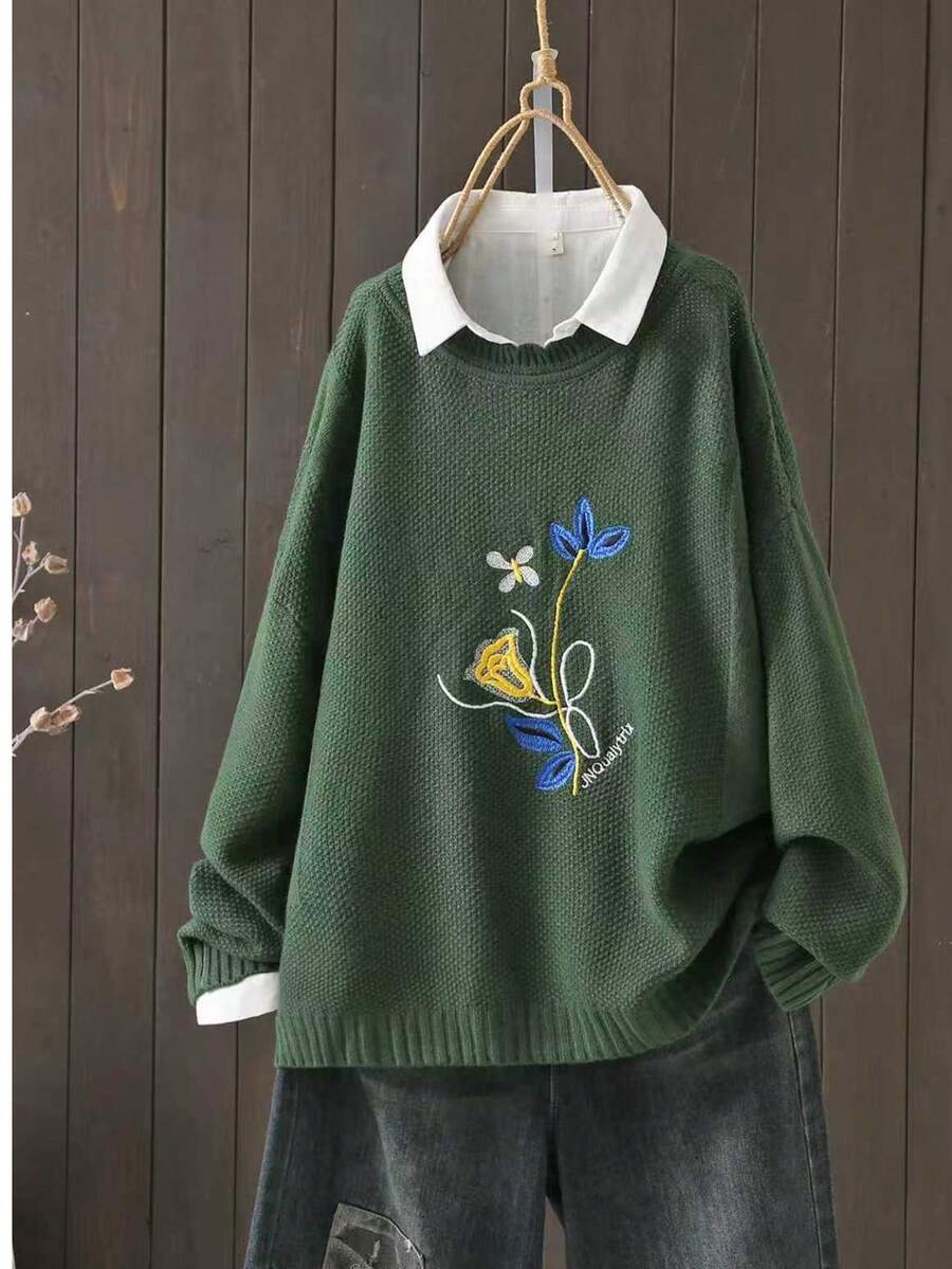 pull tricoté à col ras-du-cou à manches longues avec broderie florale, grande taille, décontracté pour l'automne/l'hiver - Vert sapin - Voir 1