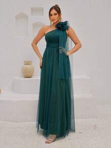 Long One-Shoulder Dress With Glittery Flower - Army Green - View 1