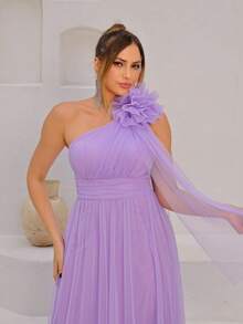 Long One-Shoulder Dress With Glittery Flower - Lilac Purple - View 3