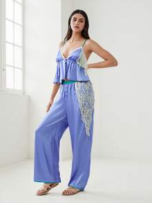 Women's Pajama Sets Lace Patchwork Spaghetti Strap Ruffled Cami Tops With Loose Pants 2Pcs Soft Sleepwear - Blue-purple - View 4