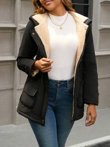 Jaqueta com Capuz Feminina, Corta-Vento Casual, Tecido Tecido de Cor Sólida, Bolsos, Adequado para Outono, Inverno, Primavera - Preto - Visão 3