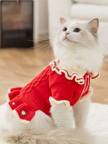 1件新款秋冬季幼犬公主风翻领小花刺绣毛绒连衣裙，圣诞节新年宠物服装 - 彩色 - 查看 11