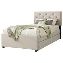 Upholstered Bed, 140x200cm, Bed With Slatted Base (Without Mattress), Bed With Storage Container, Velvet, Minimalist, - Beige + Velvet + 90cm*200cm - View 5