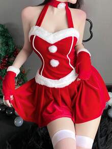 3pcs Festive Halter Mini Dress For Women, Featuring Sleeveless Design, Ruched Accents, And A Pleated A-Line Cut, Ideal For Christmas Parties