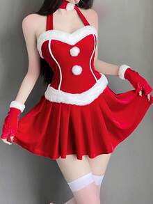 3pcs Festive Halter Mini Dress For Women, Featuring Sleeveless Design, Ruched Accents, And A Pleated A-Line Cut, Ideal For Christmas Parties