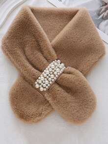 1件装女士保暖毛绒交叉珍珠加厚多功能围脖，冬季连衣裙适用