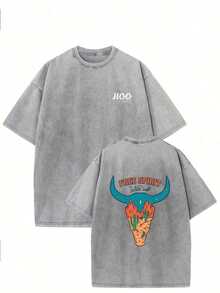 Vintage Streetwear Oversized Drop Shoulder T-Shirt - Soft Cotton, Relaxed Fit, Acid Wash, Unisex Design, Baggy Hip Hop Style, Free Spirit Print - Perfect For Casual Outings Fashion Design Soft Fabric  Loose Fit Unisex Retro Street Style - 灰色 - 查看 1
